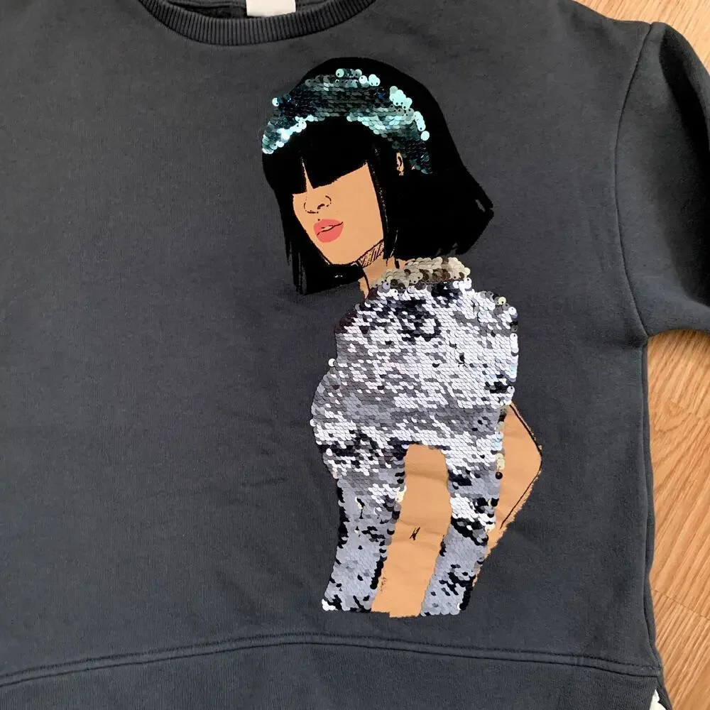 Zara Sequined Girl Graphic Peplum Crewneck Cotton Sweatshirt Size 13-14